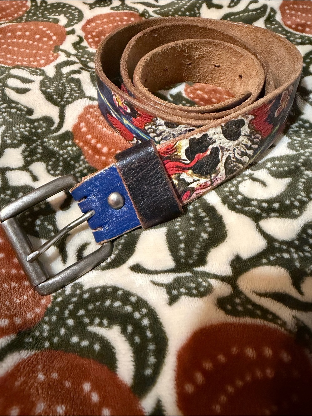 Ed Hardy Blue Leather Belt with Pink-Red Script Logo